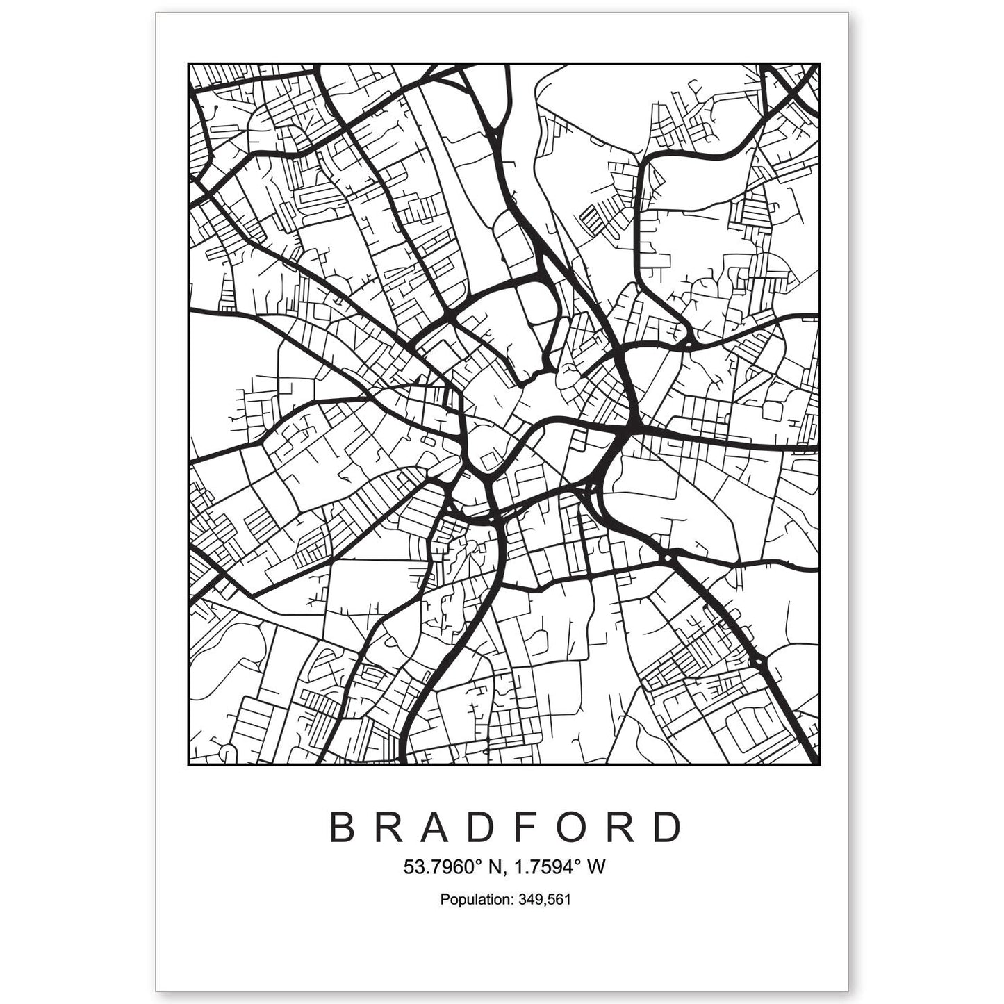 Lámina mapa de la ciudad Bradford estilo nordico en blanco y negro.-Artwork-Nacnic-A4-Sin marco-Nacnic Estudio SL