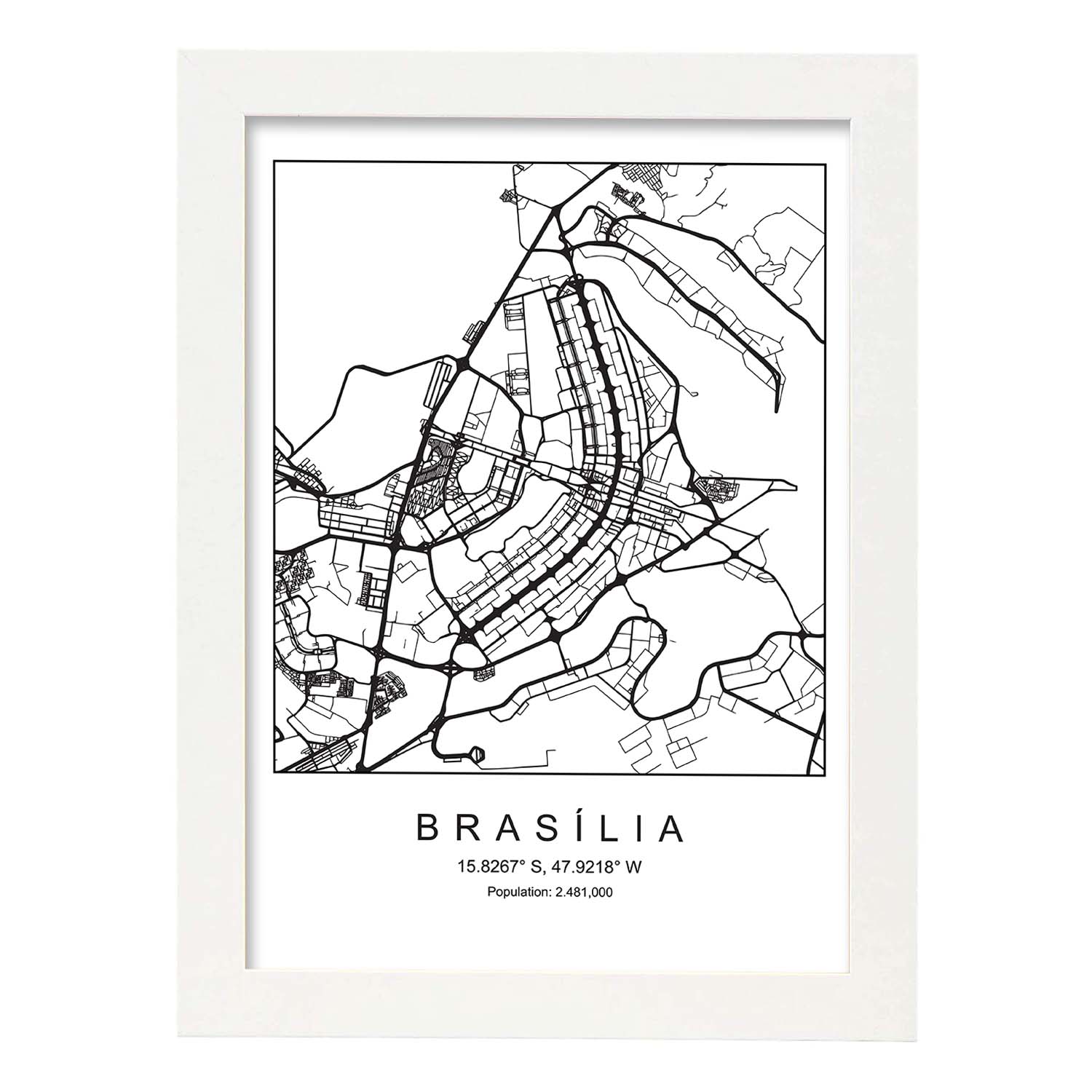 Lámina mapa de la ciudad Brasilia estilo nordico en blanco y negro.-Artwork-Nacnic-A3-Marco Blanco-Nacnic Estudio SL