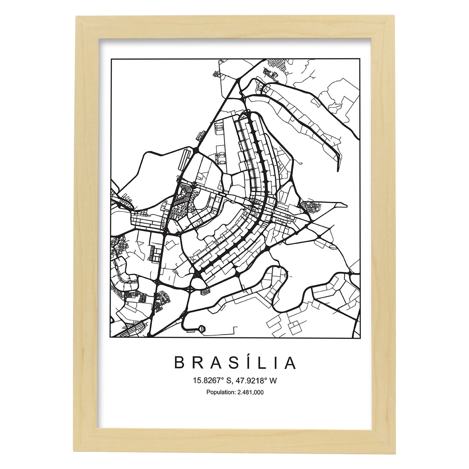 Lámina mapa de la ciudad Brasilia estilo nordico en blanco y negro.-Artwork-Nacnic-A3-Marco Madera clara-Nacnic Estudio SL