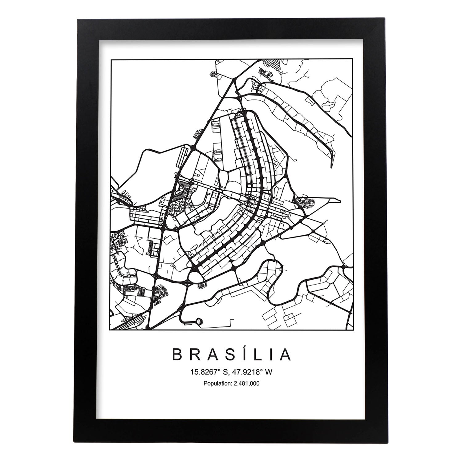 Lámina mapa de la ciudad Brasilia estilo nordico en blanco y negro.-Artwork-Nacnic-A3-Marco Negro-Nacnic Estudio SL