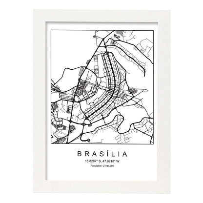 Lámina mapa de la ciudad Brasilia estilo nordico en blanco y negro.-Artwork-Nacnic-A4-Marco Blanco-Nacnic Estudio SL