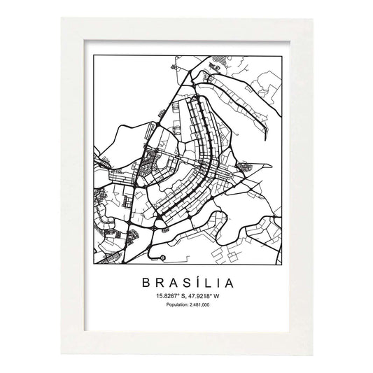 Lámina mapa de la ciudad Brasilia estilo nordico en blanco y negro.-Artwork-Nacnic-A4-Marco Blanco-Nacnic Estudio SL