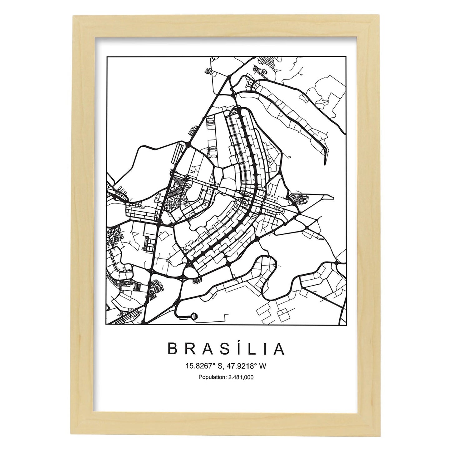 Lámina mapa de la ciudad Brasilia estilo nordico en blanco y negro.-Artwork-Nacnic-A4-Marco Madera clara-Nacnic Estudio SL