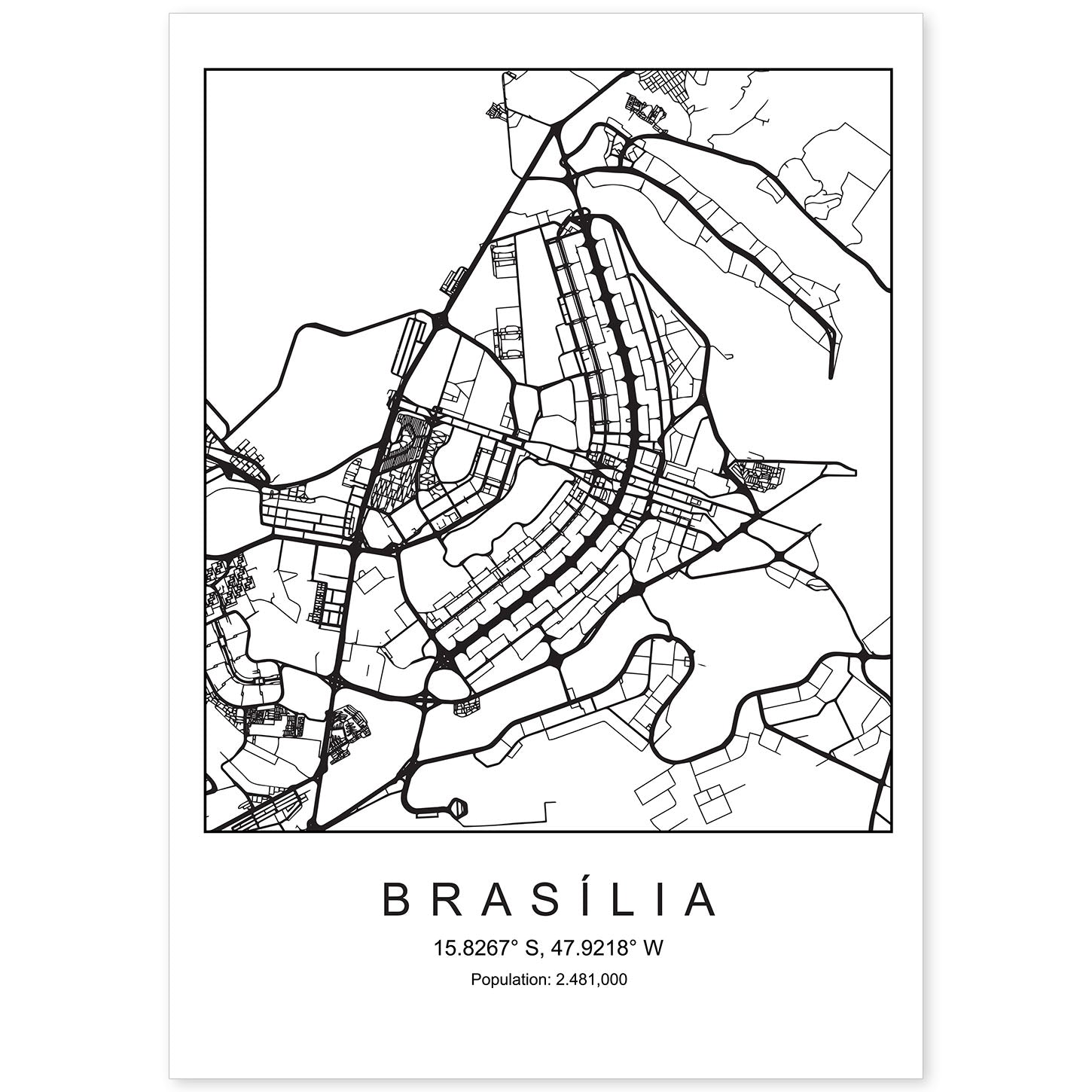 Lámina mapa de la ciudad Brasilia estilo nordico en blanco y negro.-Artwork-Nacnic-A4-Sin marco-Nacnic Estudio SL