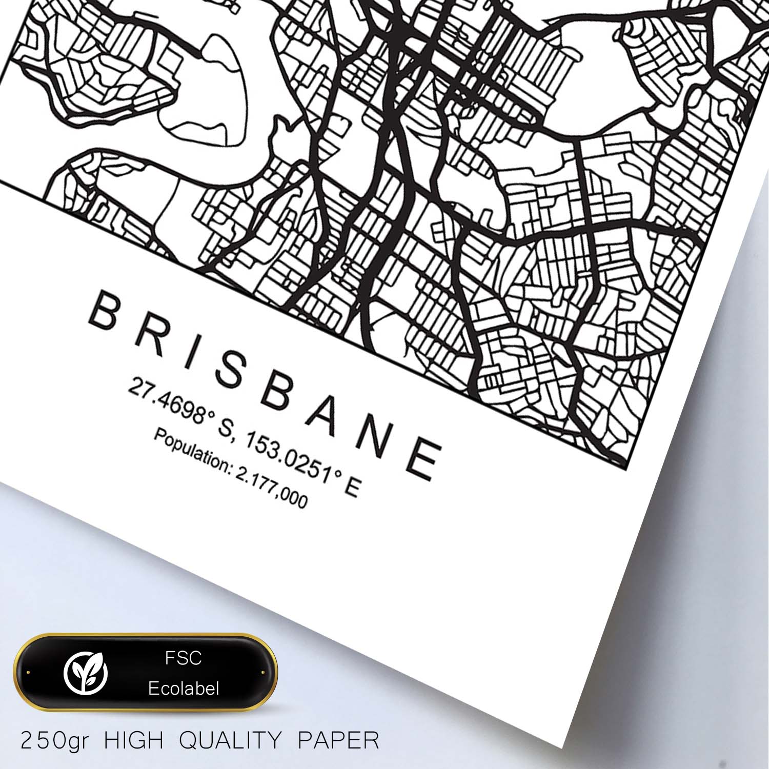 Lámina mapa de la ciudad Brisbane estilo nordico en blanco y negro.-Artwork-Nacnic-Nacnic Estudio SL