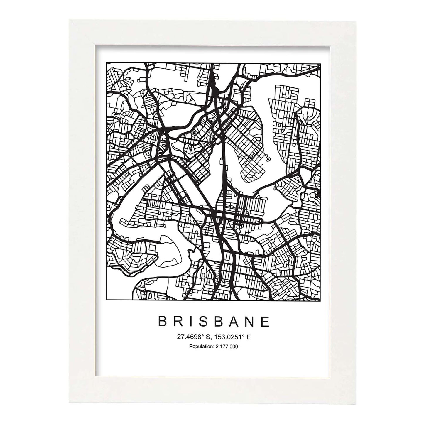 Lámina mapa de la ciudad Brisbane estilo nordico en blanco y negro.-Artwork-Nacnic-A3-Marco Blanco-Nacnic Estudio SL