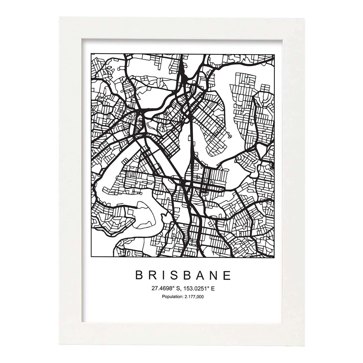 Lámina mapa de la ciudad Brisbane estilo nordico en blanco y negro.-Artwork-Nacnic-A3-Marco Blanco-Nacnic Estudio SL