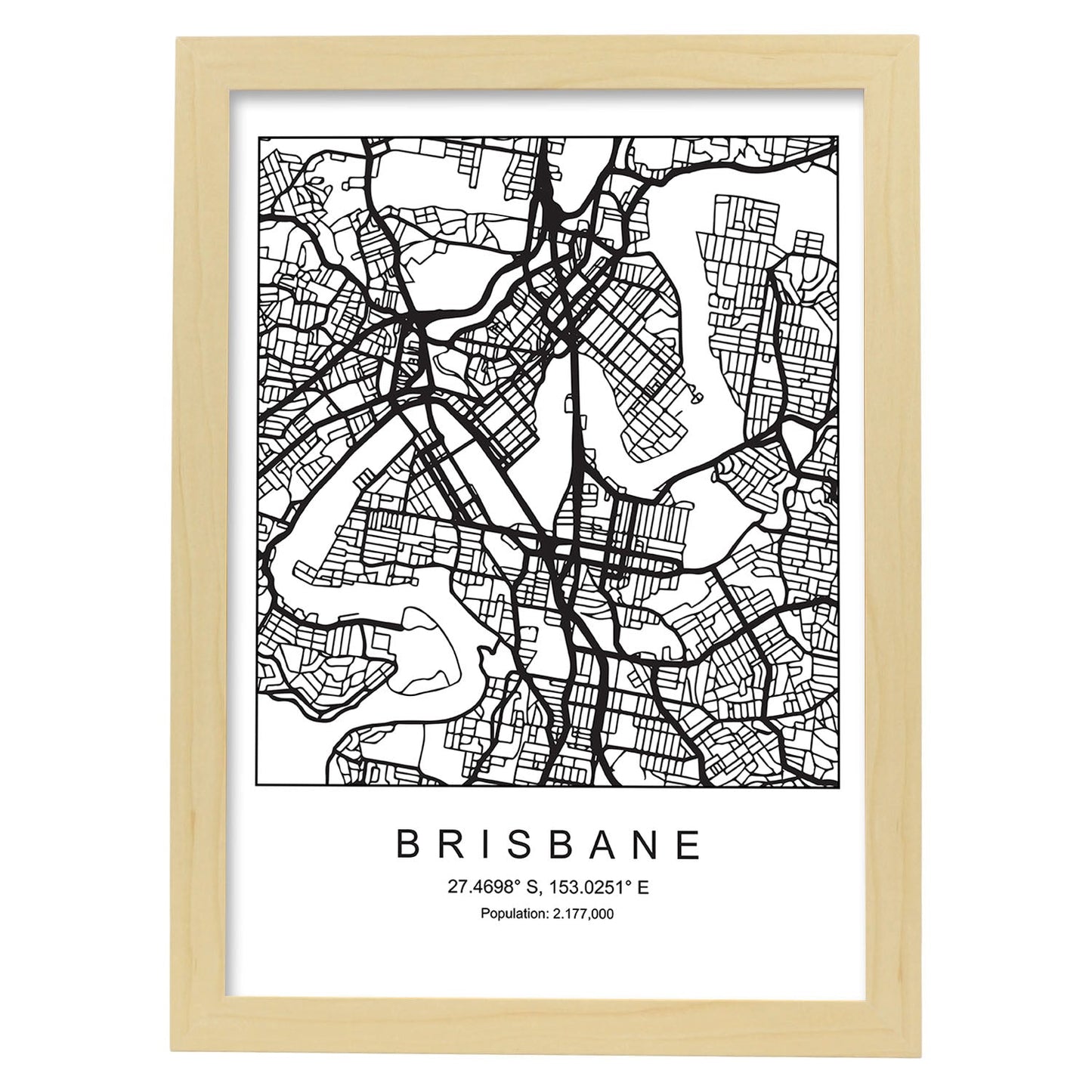 Lámina mapa de la ciudad Brisbane estilo nordico en blanco y negro.-Artwork-Nacnic-A3-Marco Madera clara-Nacnic Estudio SL