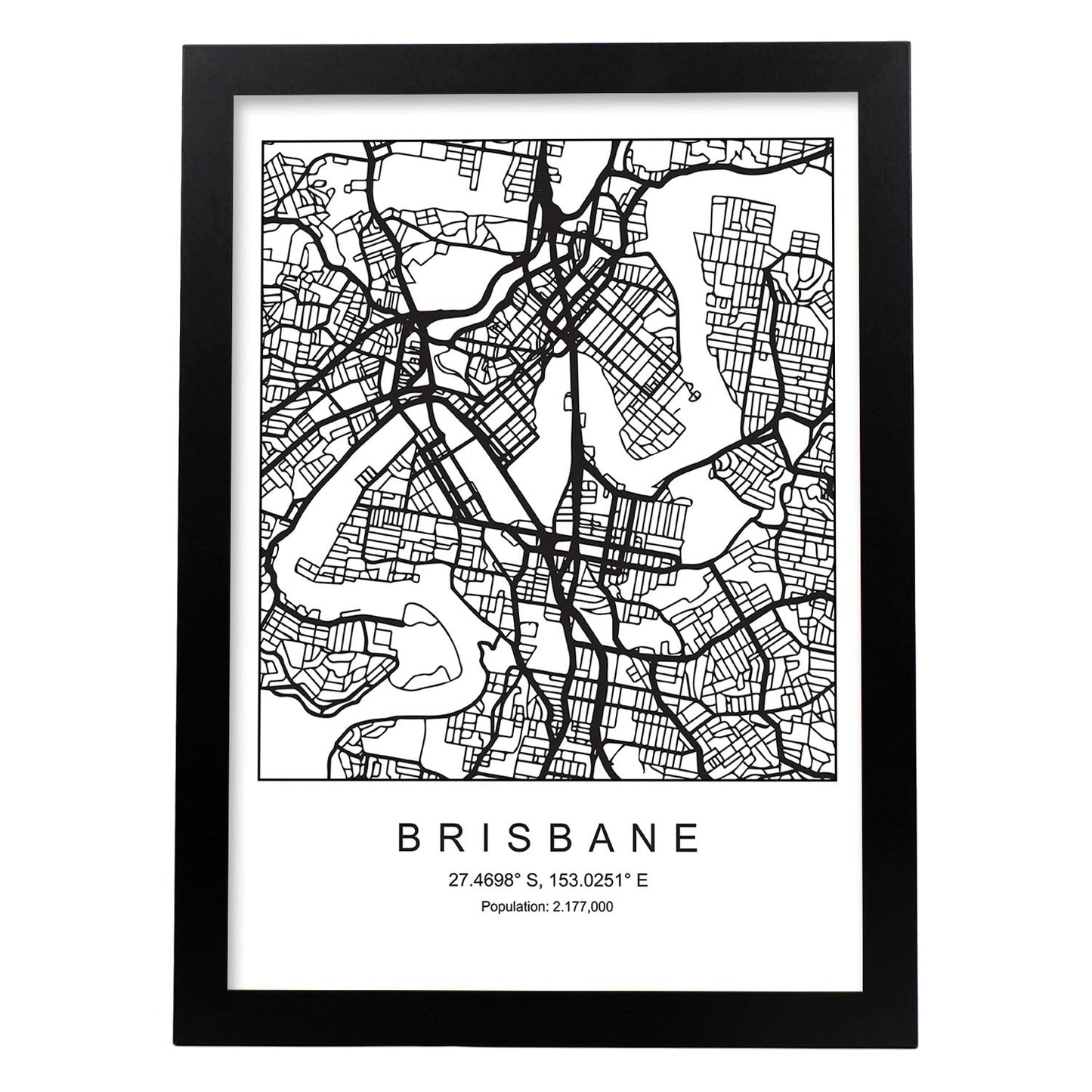 Lámina mapa de la ciudad Brisbane estilo nordico en blanco y negro.-Artwork-Nacnic-A3-Marco Negro-Nacnic Estudio SL