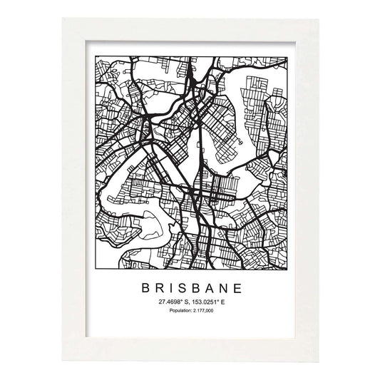 Lámina mapa de la ciudad Brisbane estilo nordico en blanco y negro.-Artwork-Nacnic-A4-Marco Blanco-Nacnic Estudio SL