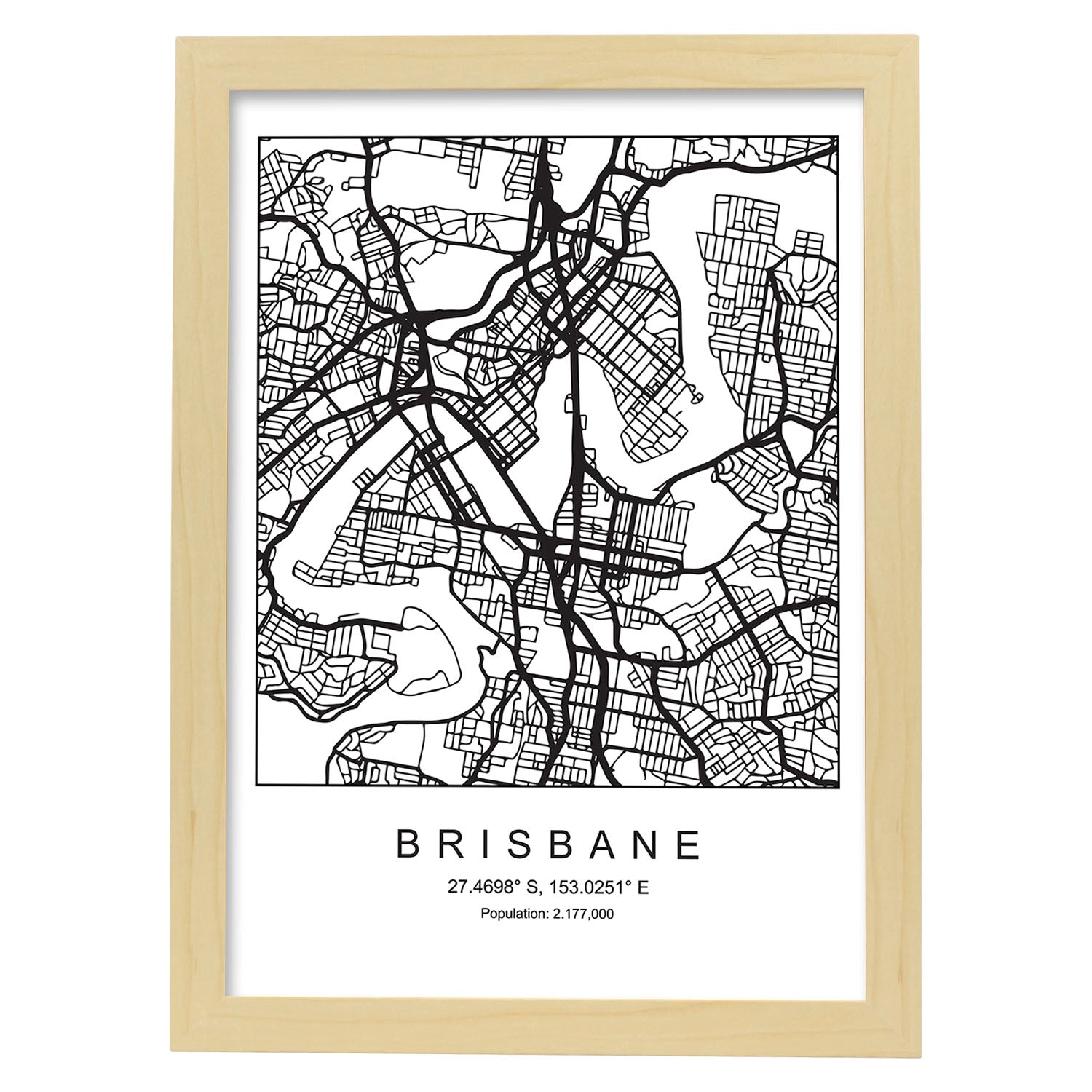Lámina mapa de la ciudad Brisbane estilo nordico en blanco y negro.-Artwork-Nacnic-A4-Marco Madera clara-Nacnic Estudio SL