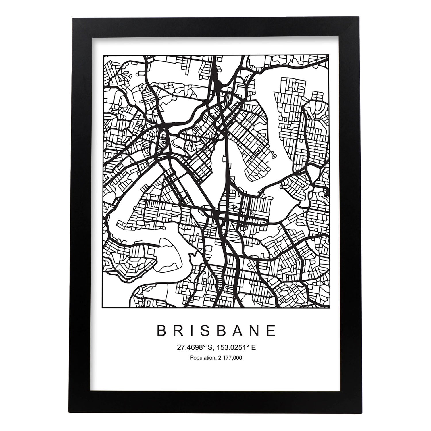 Lámina mapa de la ciudad Brisbane estilo nordico en blanco y negro.-Artwork-Nacnic-A4-Marco Negro-Nacnic Estudio SL