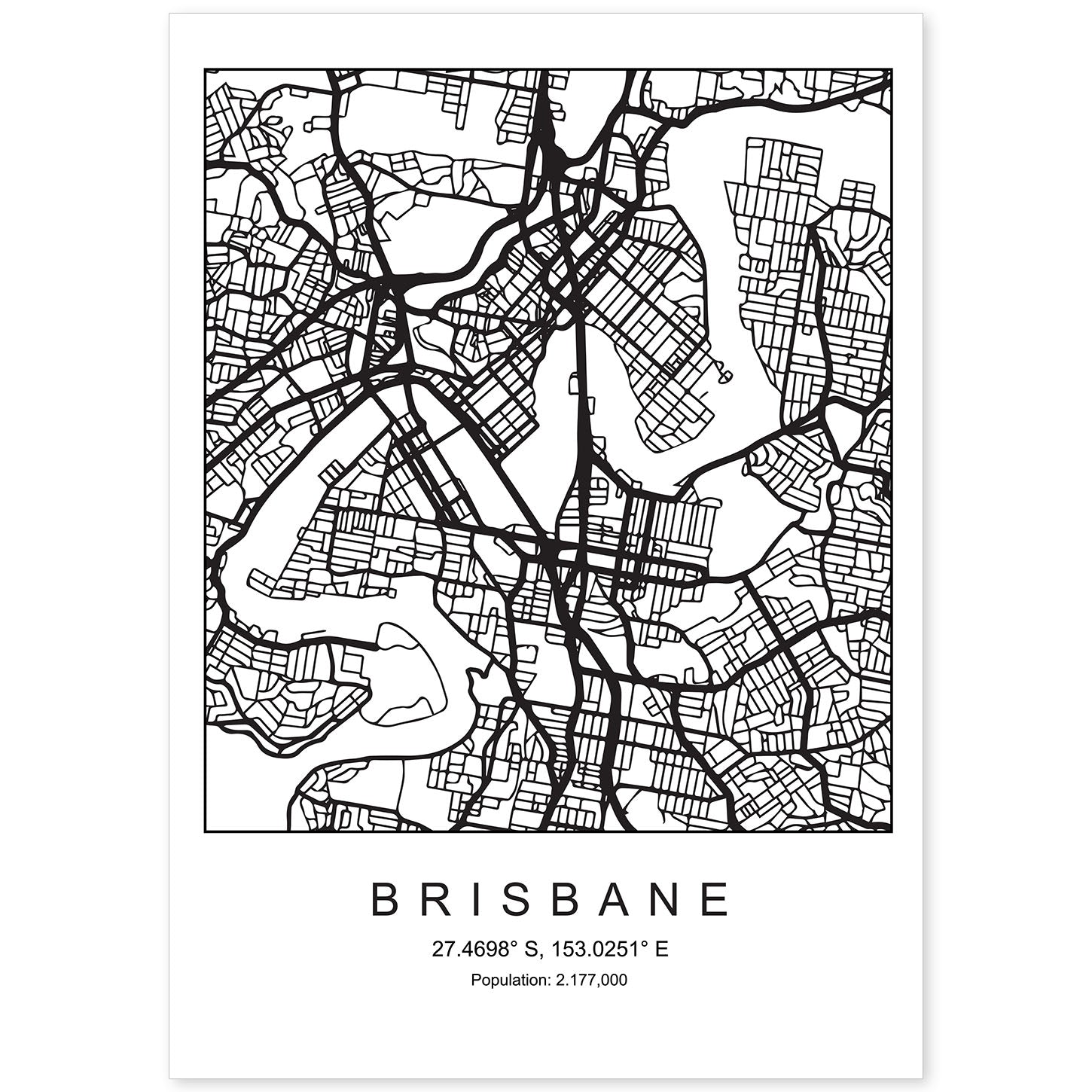 Lámina mapa de la ciudad Brisbane estilo nordico en blanco y negro.-Artwork-Nacnic-A4-Sin marco-Nacnic Estudio SL