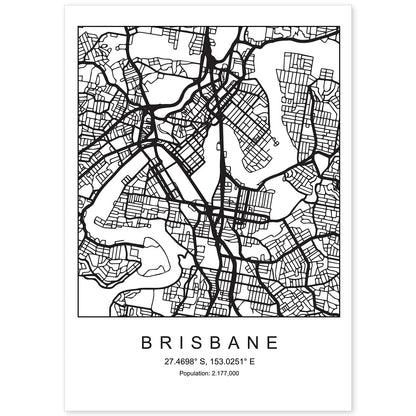 Lámina mapa de la ciudad Brisbane estilo nordico en blanco y negro.-Artwork-Nacnic-A4-Sin marco-Nacnic Estudio SL