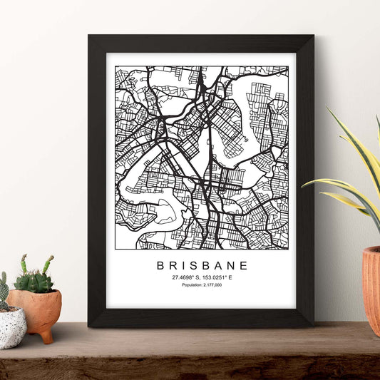 Lámina mapa de la ciudad Brisbane estilo nordico en blanco y negro.-Artwork-Nacnic-Nacnic Estudio SL