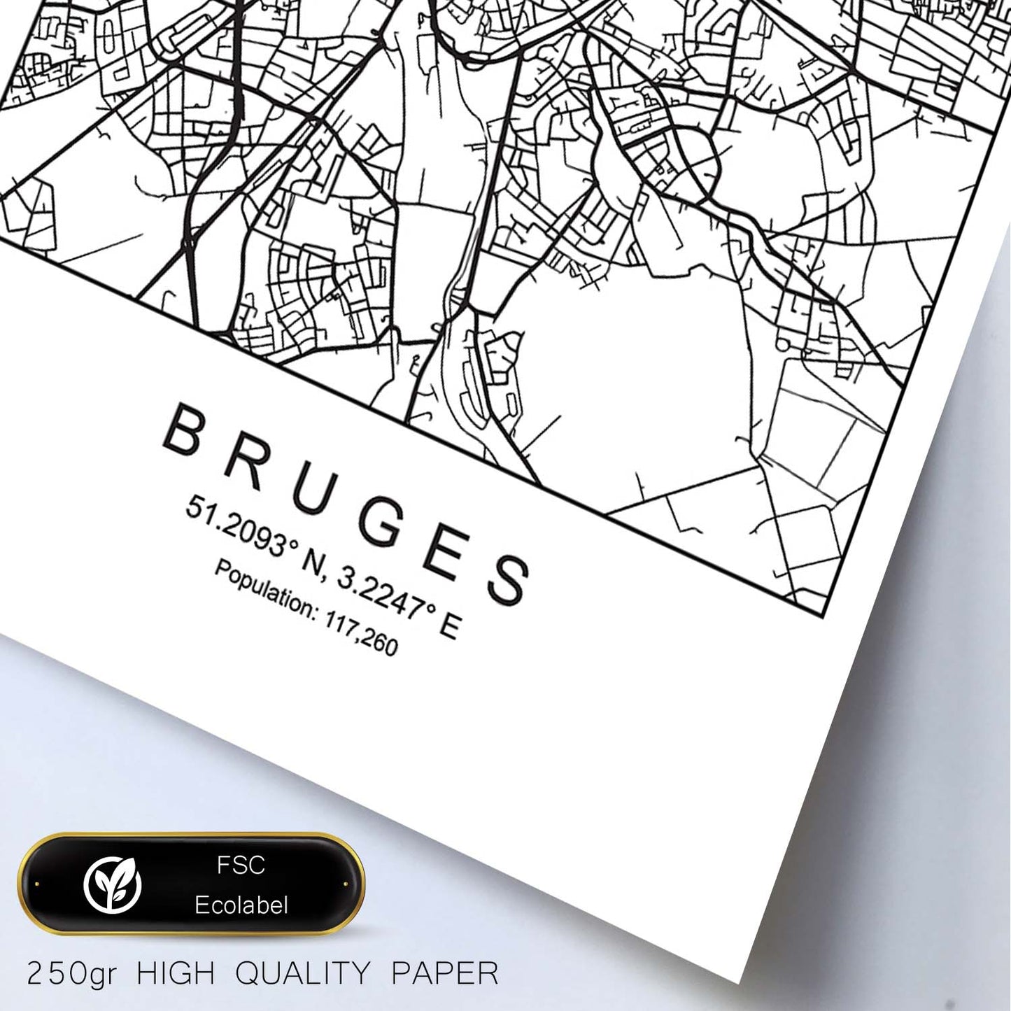 Lámina mapa de la ciudad Bruges estilo nordico en blanco y negro.-Artwork-Nacnic-Nacnic Estudio SL