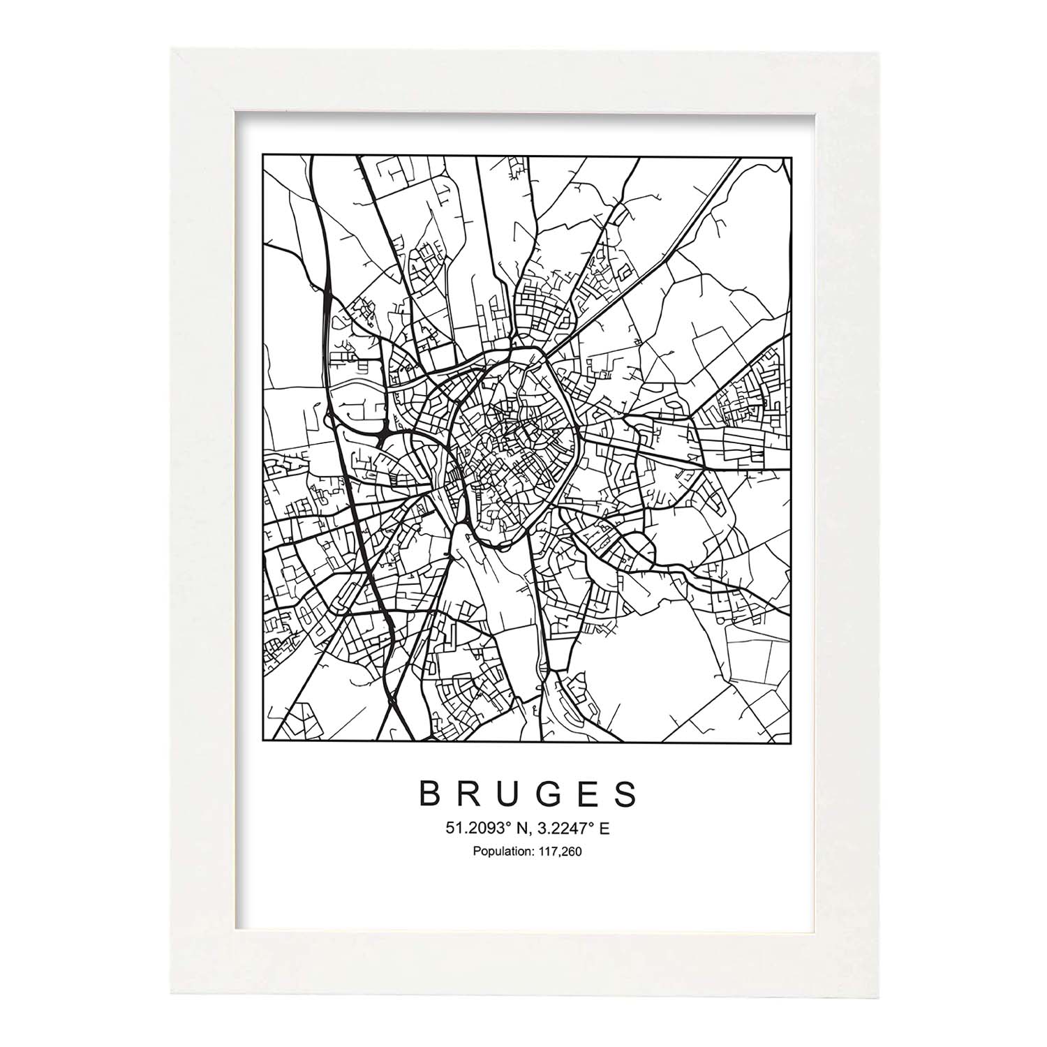 Lámina mapa de la ciudad Bruges estilo nordico en blanco y negro.-Artwork-Nacnic-A3-Marco Blanco-Nacnic Estudio SL