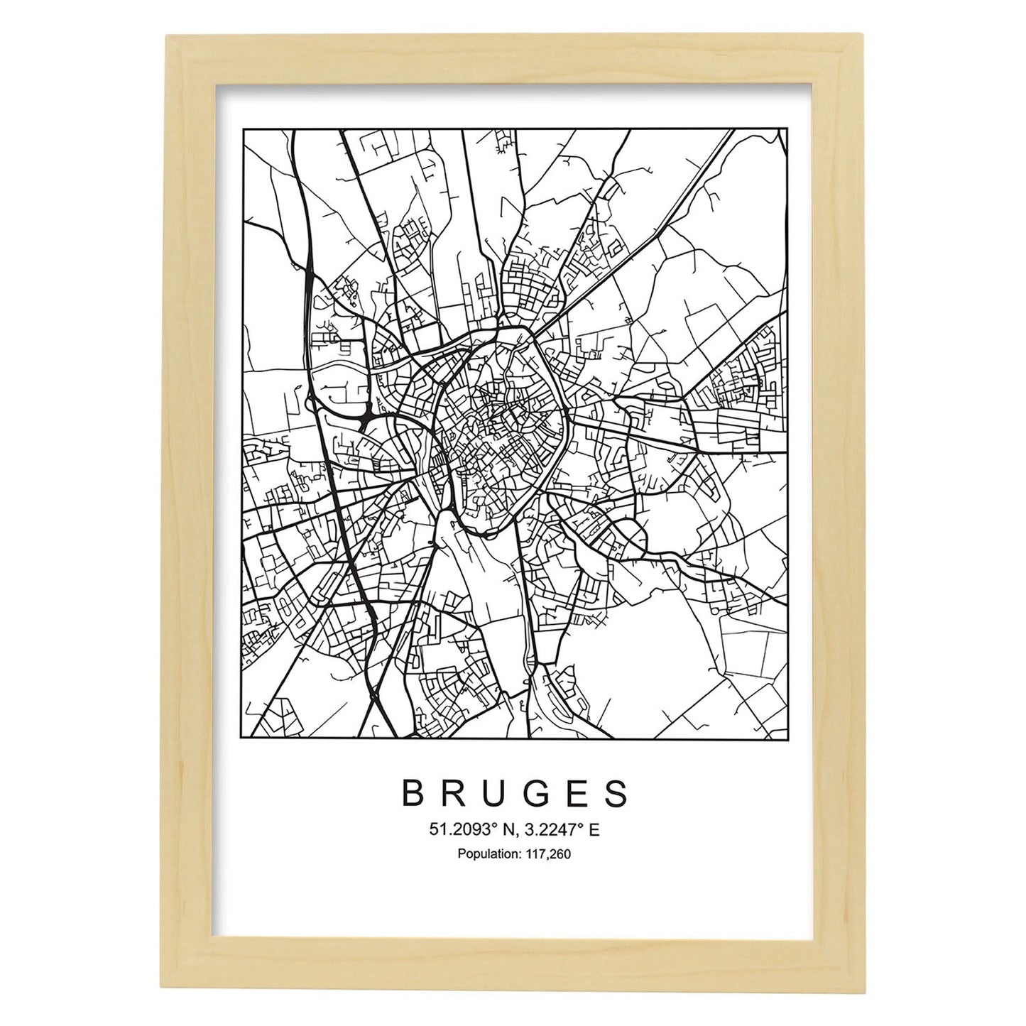 Lámina mapa de la ciudad Bruges estilo nordico en blanco y negro.-Artwork-Nacnic-A3-Marco Madera clara-Nacnic Estudio SL