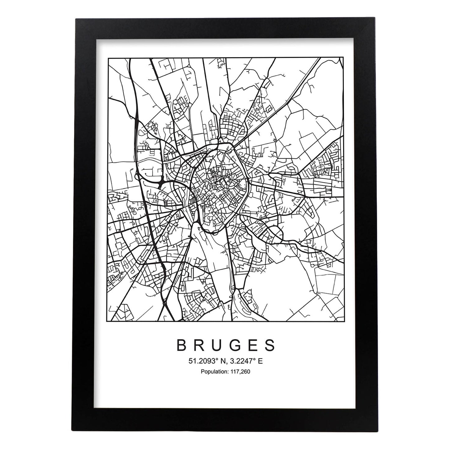 Lámina mapa de la ciudad Bruges estilo nordico en blanco y negro.-Artwork-Nacnic-A3-Marco Negro-Nacnic Estudio SL
