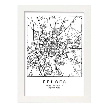 Lámina mapa de la ciudad Bruges estilo nordico en blanco y negro.-Artwork-Nacnic-A4-Marco Blanco-Nacnic Estudio SL