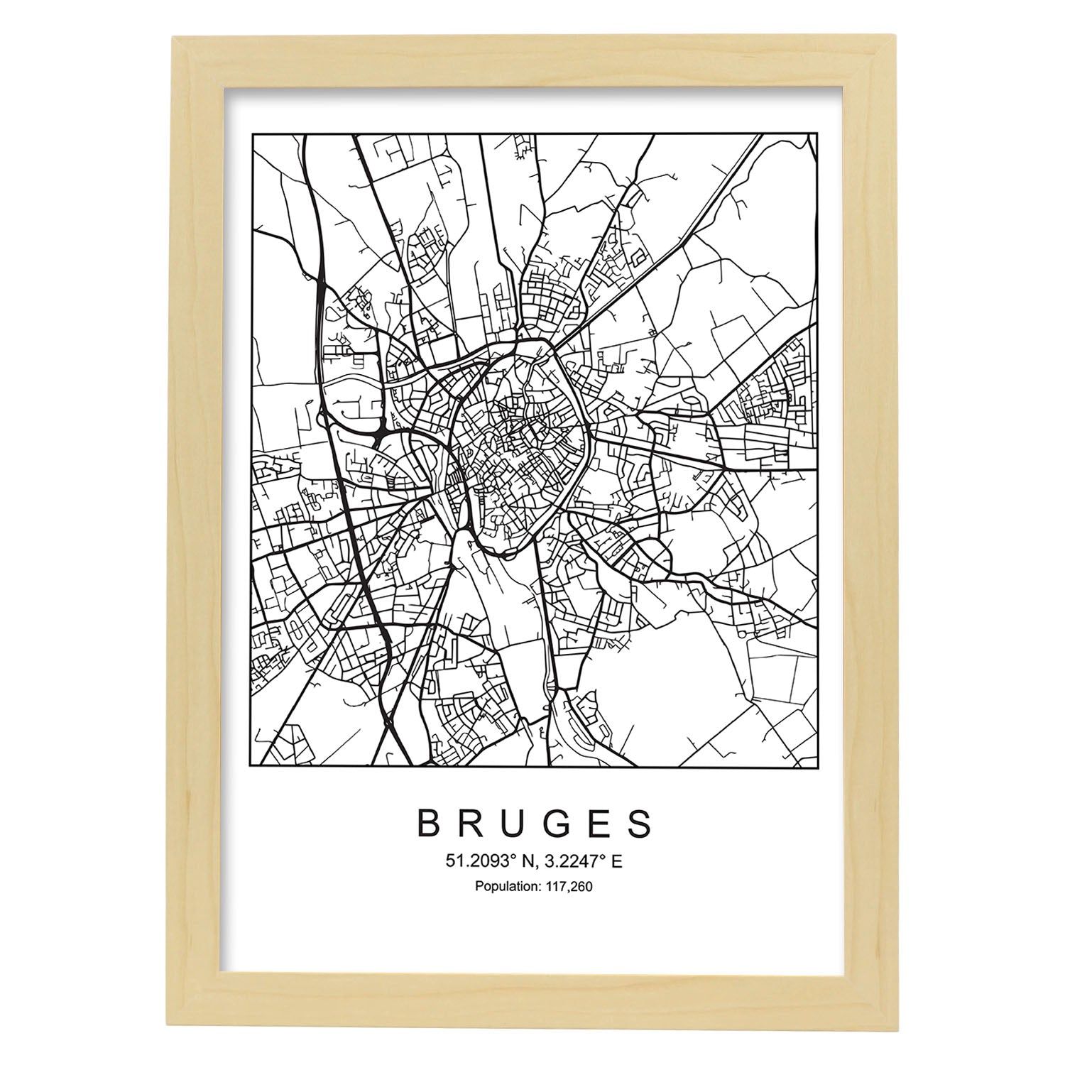 Lámina mapa de la ciudad Bruges estilo nordico en blanco y negro.-Artwork-Nacnic-A4-Marco Madera clara-Nacnic Estudio SL