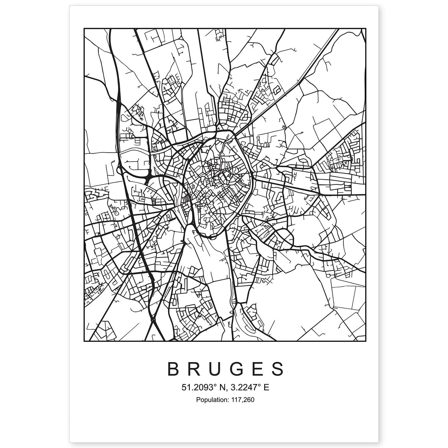Lámina mapa de la ciudad Bruges estilo nordico en blanco y negro.-Artwork-Nacnic-A4-Sin marco-Nacnic Estudio SL