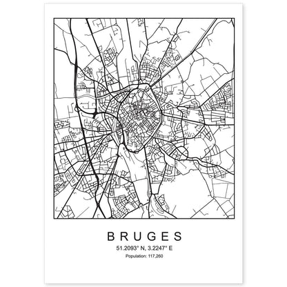 Lámina mapa de la ciudad Bruges estilo nordico en blanco y negro.-Artwork-Nacnic-A4-Sin marco-Nacnic Estudio SL