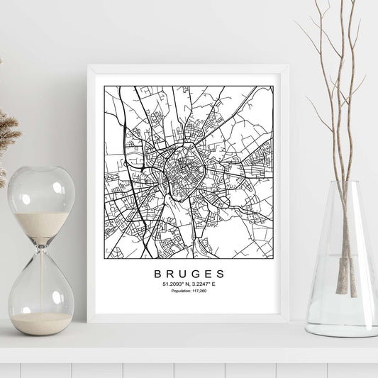 Lámina mapa de la ciudad Bruges estilo nordico en blanco y negro.-Artwork-Nacnic-Nacnic Estudio SL