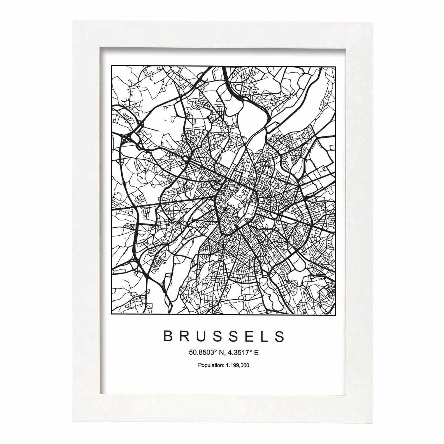 Lámina mapa de la ciudad Brussels estilo nordico en blanco y negro.-Artwork-Nacnic-A3-Marco Blanco-Nacnic Estudio SL