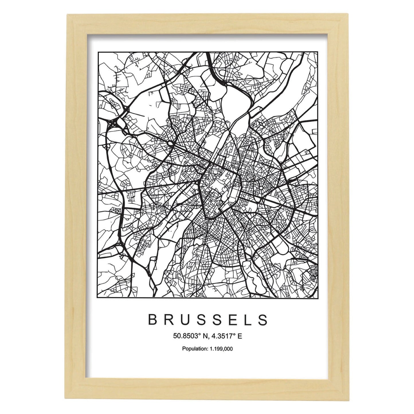 Lámina mapa de la ciudad Brussels estilo nordico en blanco y negro.-Artwork-Nacnic-A3-Marco Madera clara-Nacnic Estudio SL