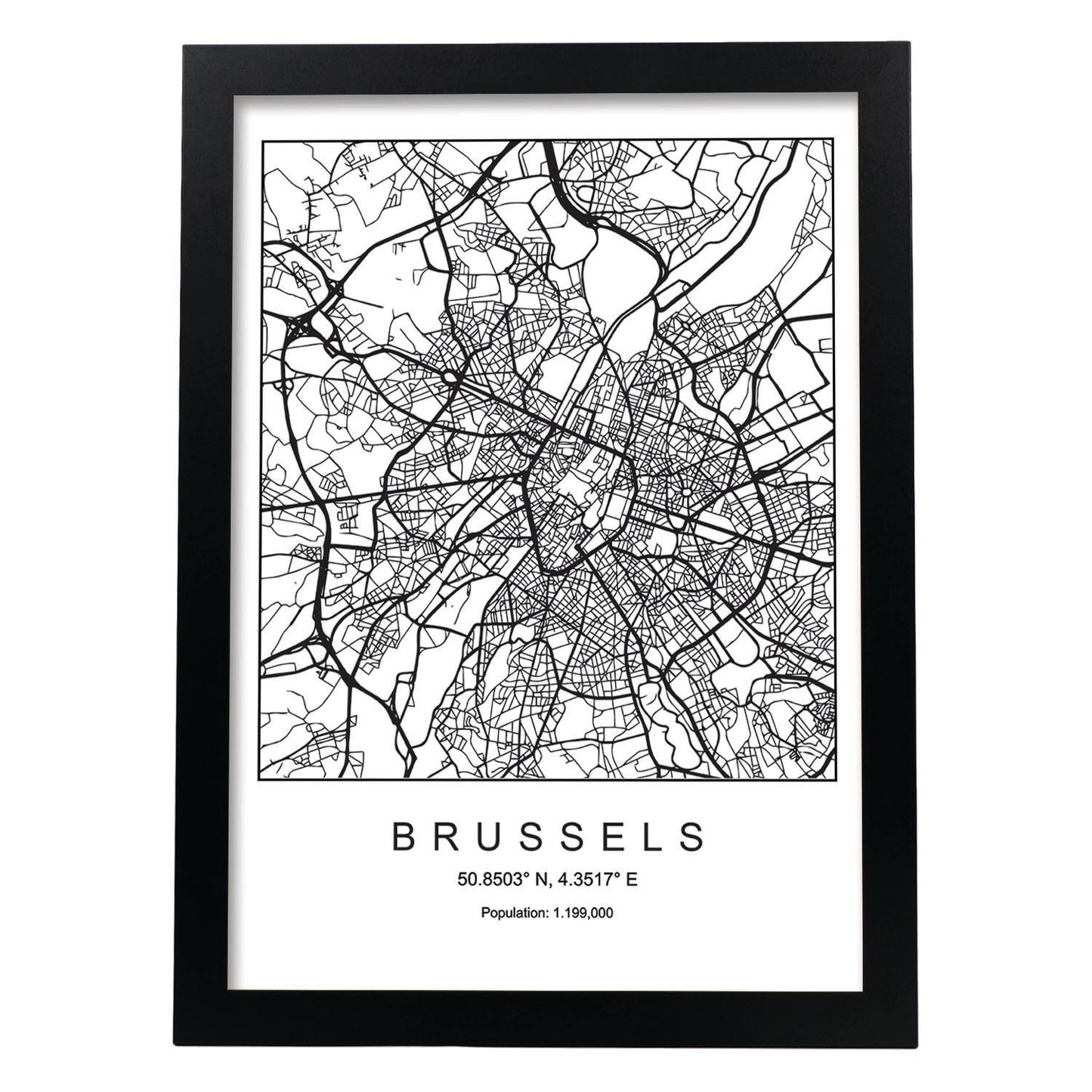 Lámina mapa de la ciudad Brussels estilo nordico en blanco y negro.-Artwork-Nacnic-A3-Marco Negro-Nacnic Estudio SL