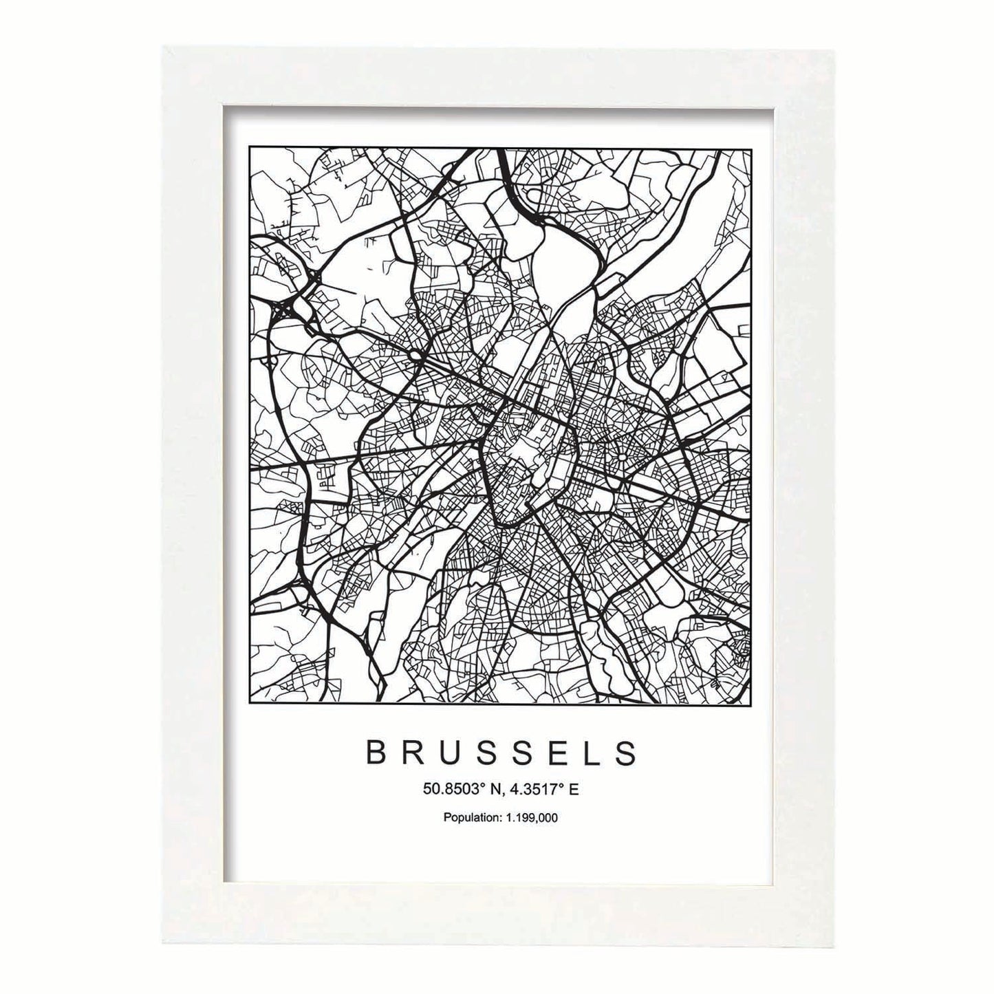 Lámina mapa de la ciudad Brussels estilo nordico en blanco y negro.-Artwork-Nacnic-A4-Marco Blanco-Nacnic Estudio SL