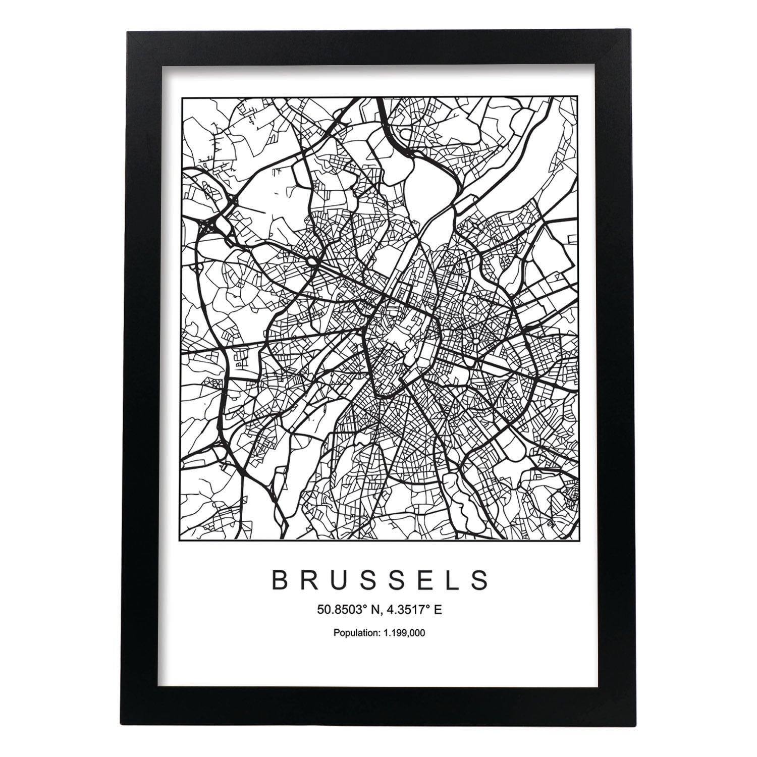 Lámina mapa de la ciudad Brussels estilo nordico en blanco y negro.-Artwork-Nacnic-A4-Marco Negro-Nacnic Estudio SL