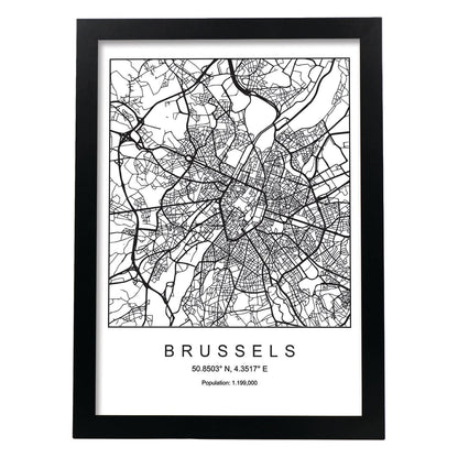 Lámina mapa de la ciudad Brussels estilo nordico en blanco y negro.-Artwork-Nacnic-A4-Marco Negro-Nacnic Estudio SL