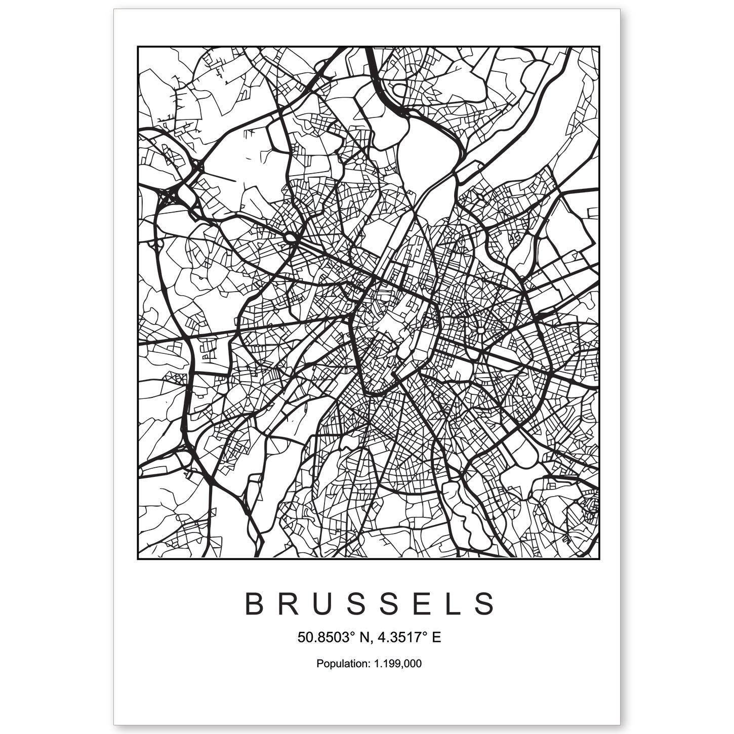 Lámina mapa de la ciudad Brussels estilo nordico en blanco y negro.-Artwork-Nacnic-A4-Sin marco-Nacnic Estudio SL