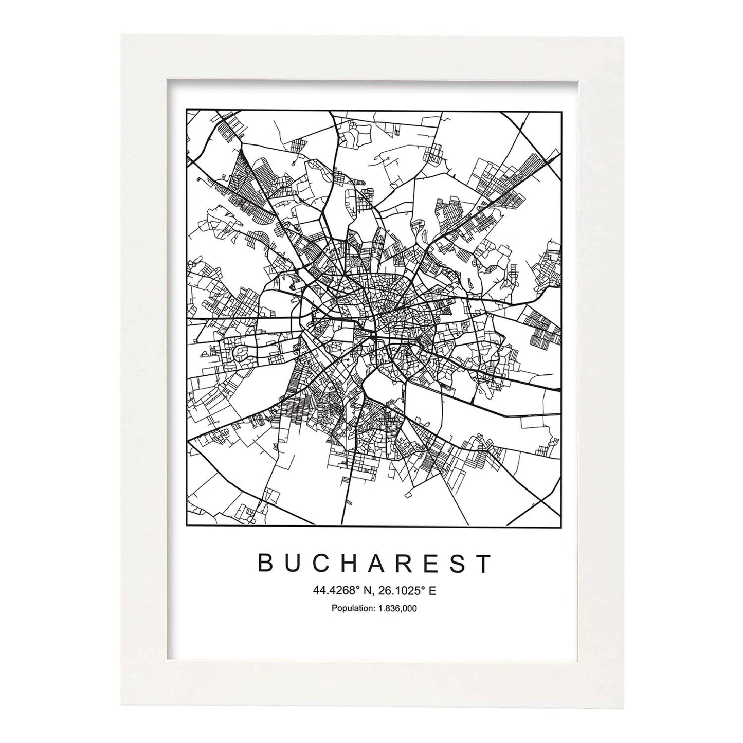 Lámina mapa de la ciudad Bucharest estilo nordico en blanco y negro.-Artwork-Nacnic-A3-Marco Blanco-Nacnic Estudio SL
