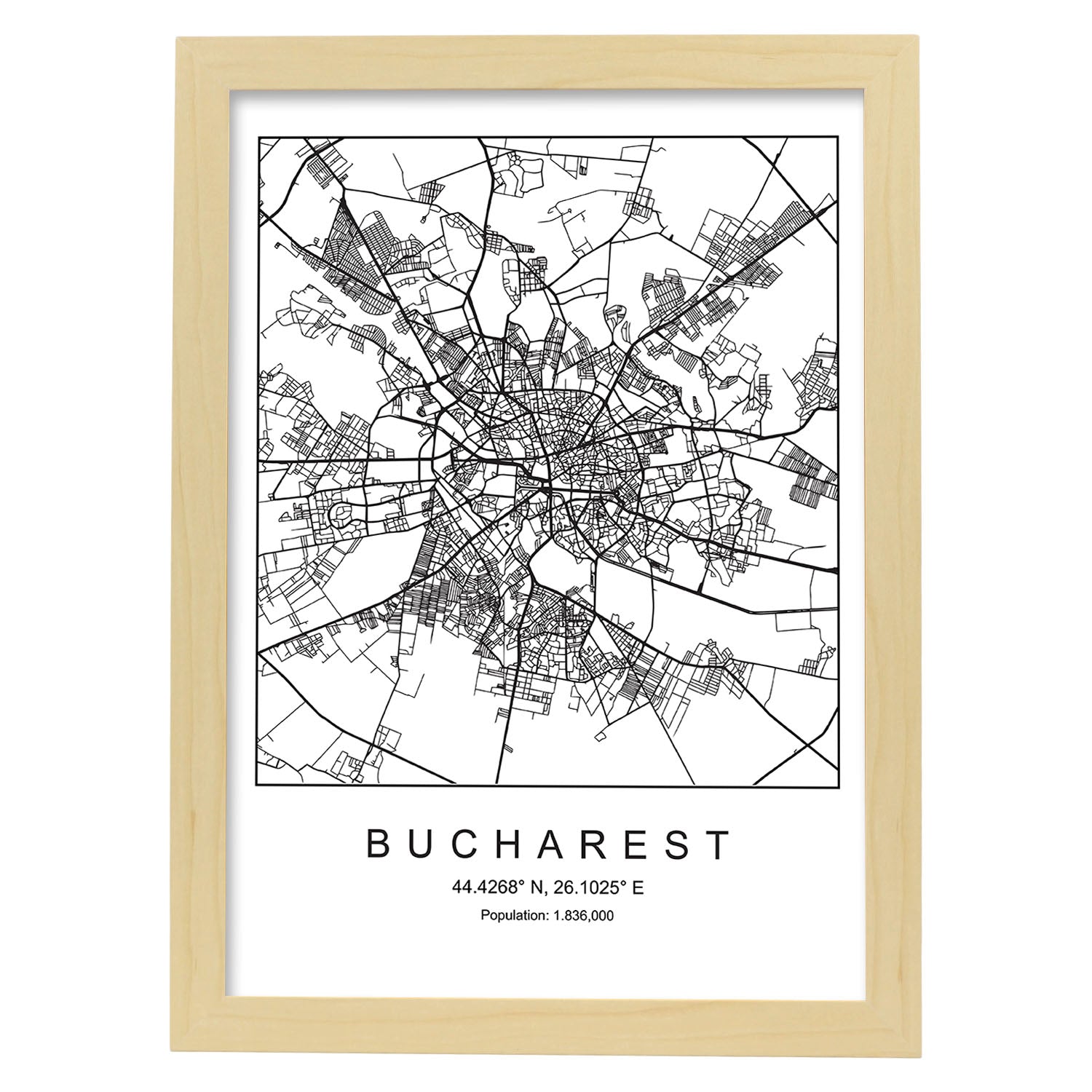 Lámina mapa de la ciudad Bucharest estilo nordico en blanco y negro.-Artwork-Nacnic-A3-Marco Madera clara-Nacnic Estudio SL