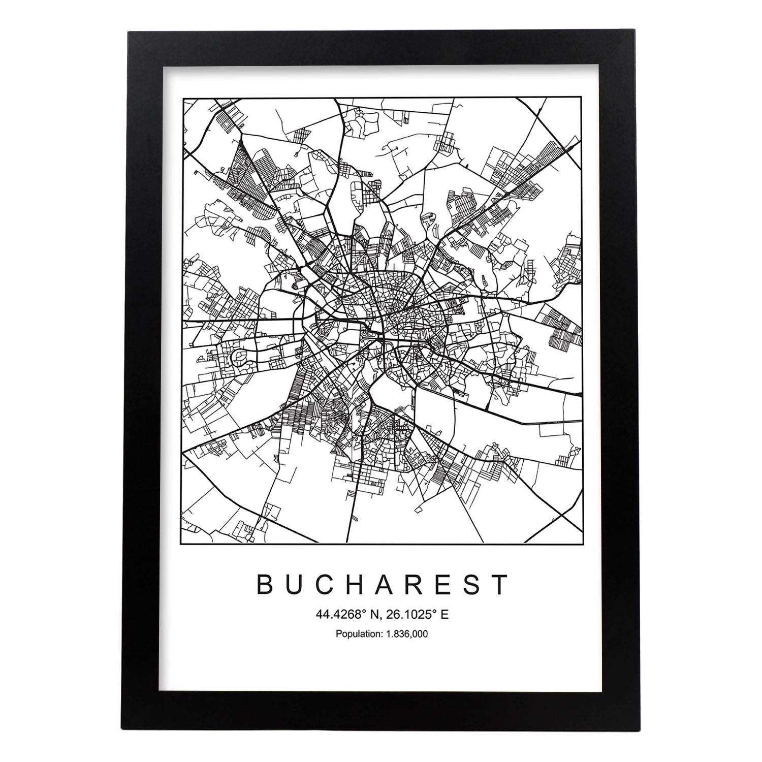 Lámina mapa de la ciudad Bucharest estilo nordico en blanco y negro.-Artwork-Nacnic-A3-Marco Negro-Nacnic Estudio SL