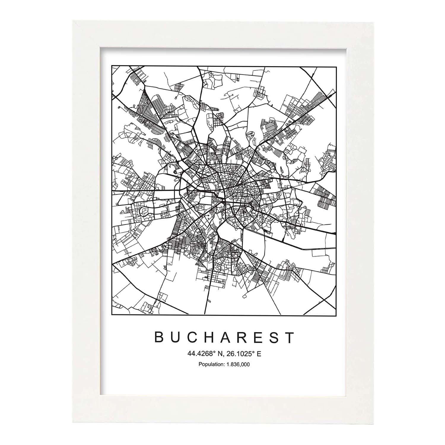 Lámina mapa de la ciudad Bucharest estilo nordico en blanco y negro.-Artwork-Nacnic-A4-Marco Blanco-Nacnic Estudio SL