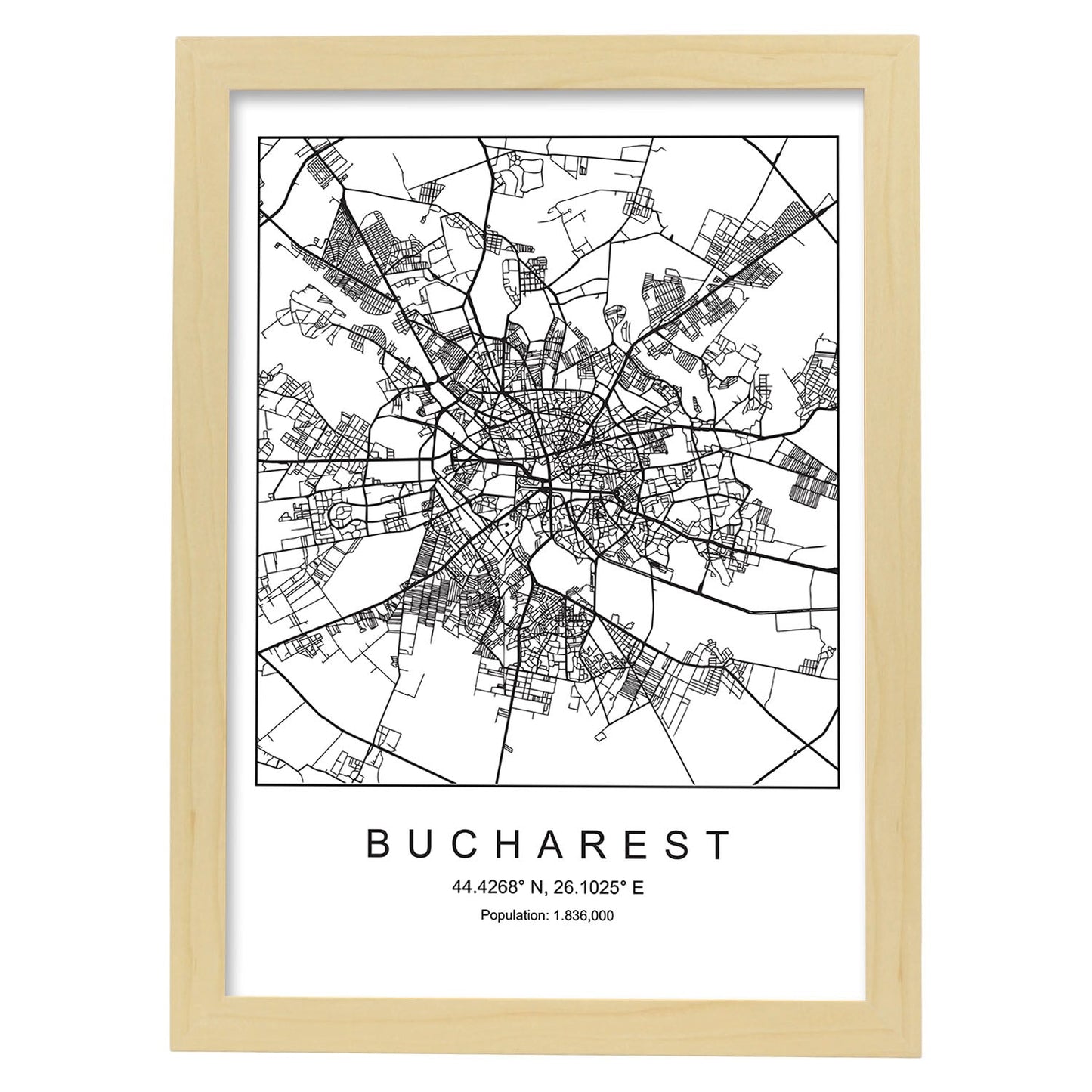 Lámina mapa de la ciudad Bucharest estilo nordico en blanco y negro.-Artwork-Nacnic-A4-Marco Madera clara-Nacnic Estudio SL