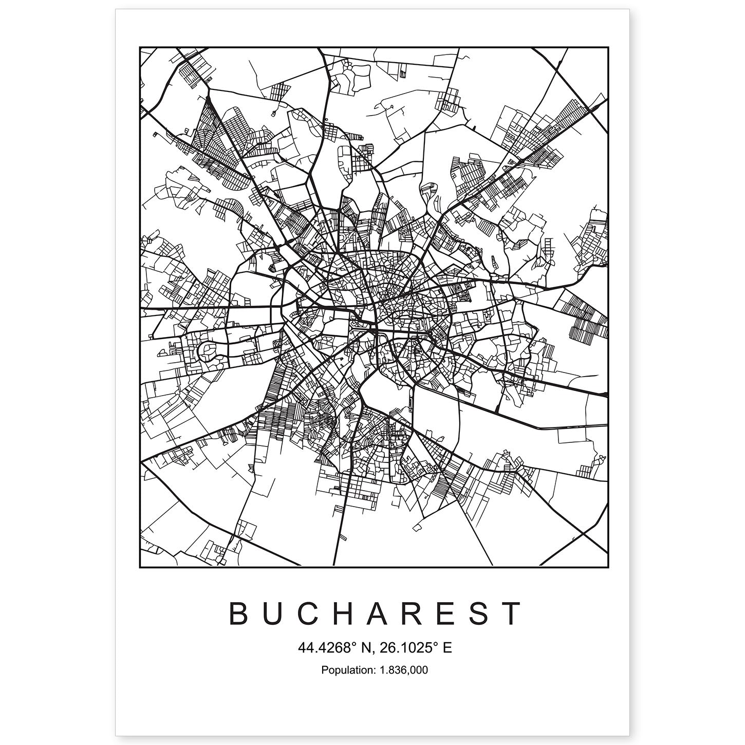Lámina mapa de la ciudad Bucharest estilo nordico en blanco y negro.-Artwork-Nacnic-A4-Sin marco-Nacnic Estudio SL