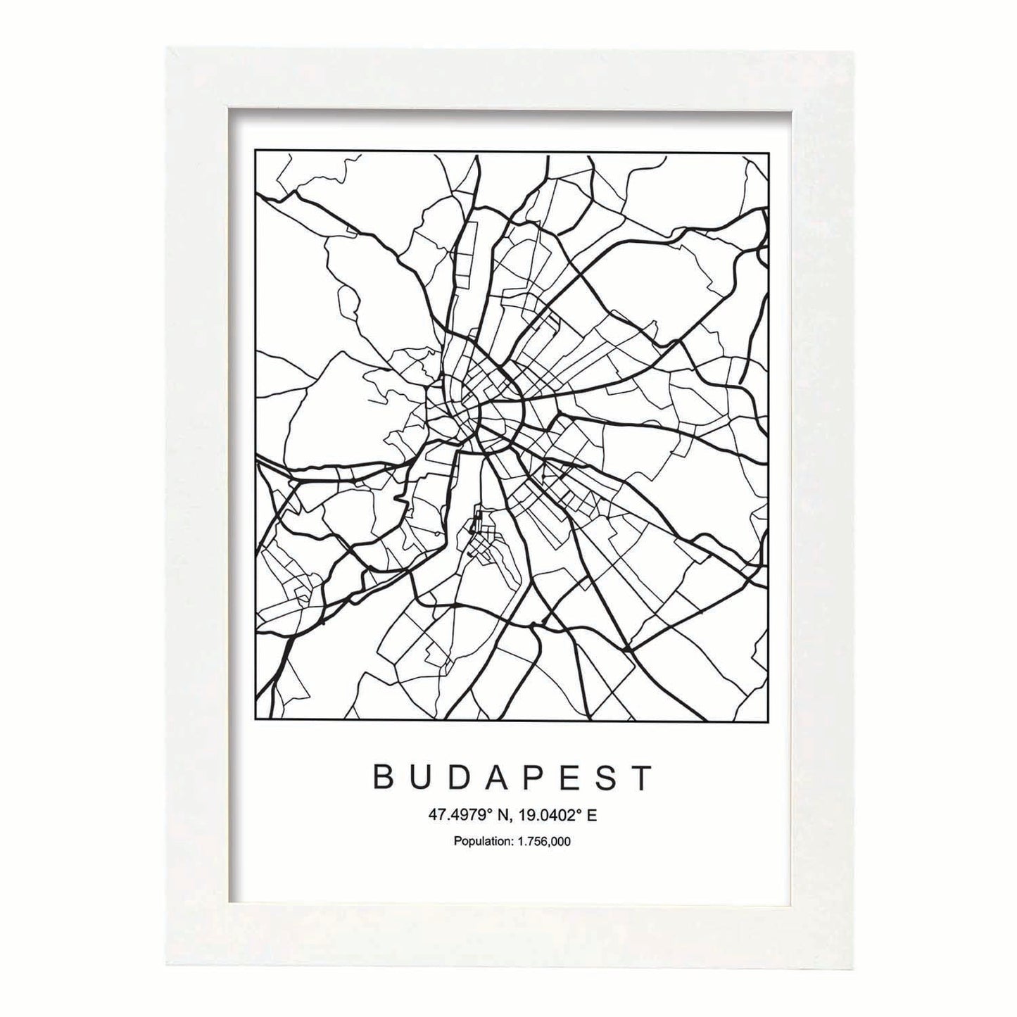 Lámina mapa de la ciudad Budapest estilo nordico en blanco y negro.-Artwork-Nacnic-A3-Marco Blanco-Nacnic Estudio SL