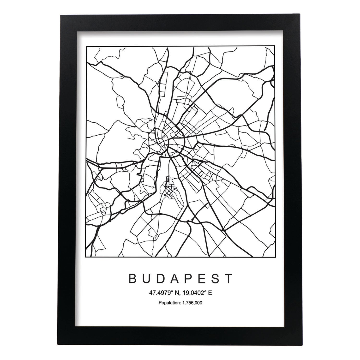 Lámina mapa de la ciudad Budapest estilo nordico en blanco y negro.-Artwork-Nacnic-A3-Marco Negro-Nacnic Estudio SL