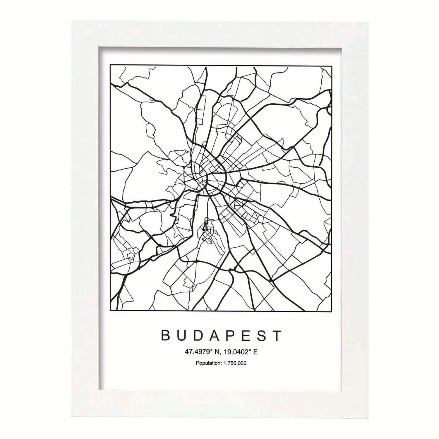 Lámina mapa de la ciudad Budapest estilo nordico en blanco y negro.-Artwork-Nacnic-A4-Marco Blanco-Nacnic Estudio SL