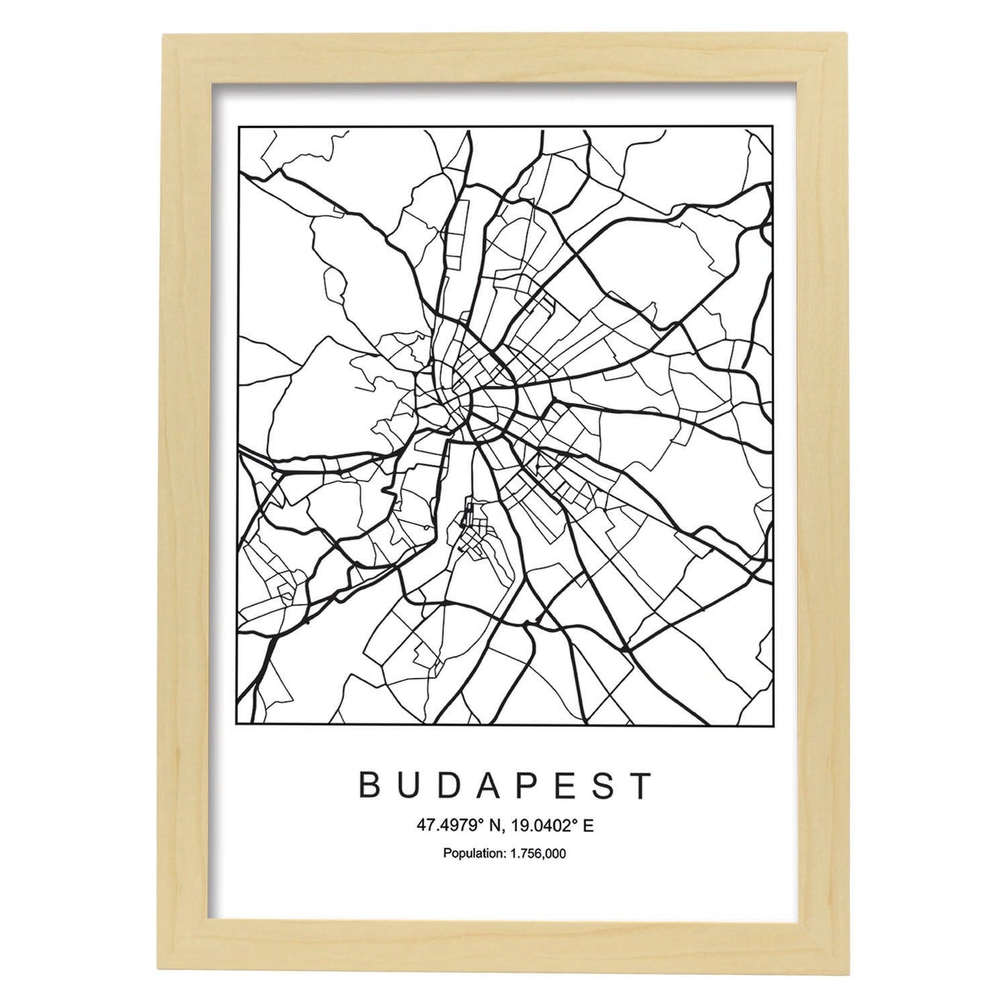 Lámina mapa de la ciudad Budapest estilo nordico en blanco y negro.-Artwork-Nacnic-A4-Marco Madera clara-Nacnic Estudio SL