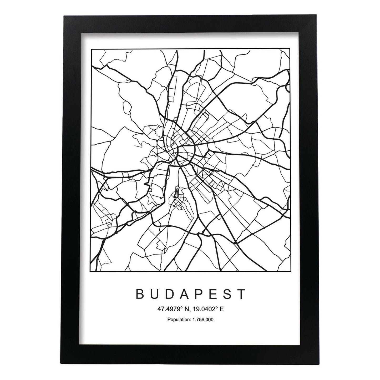 Lámina mapa de la ciudad Budapest estilo nordico en blanco y negro.-Artwork-Nacnic-A4-Marco Negro-Nacnic Estudio SL