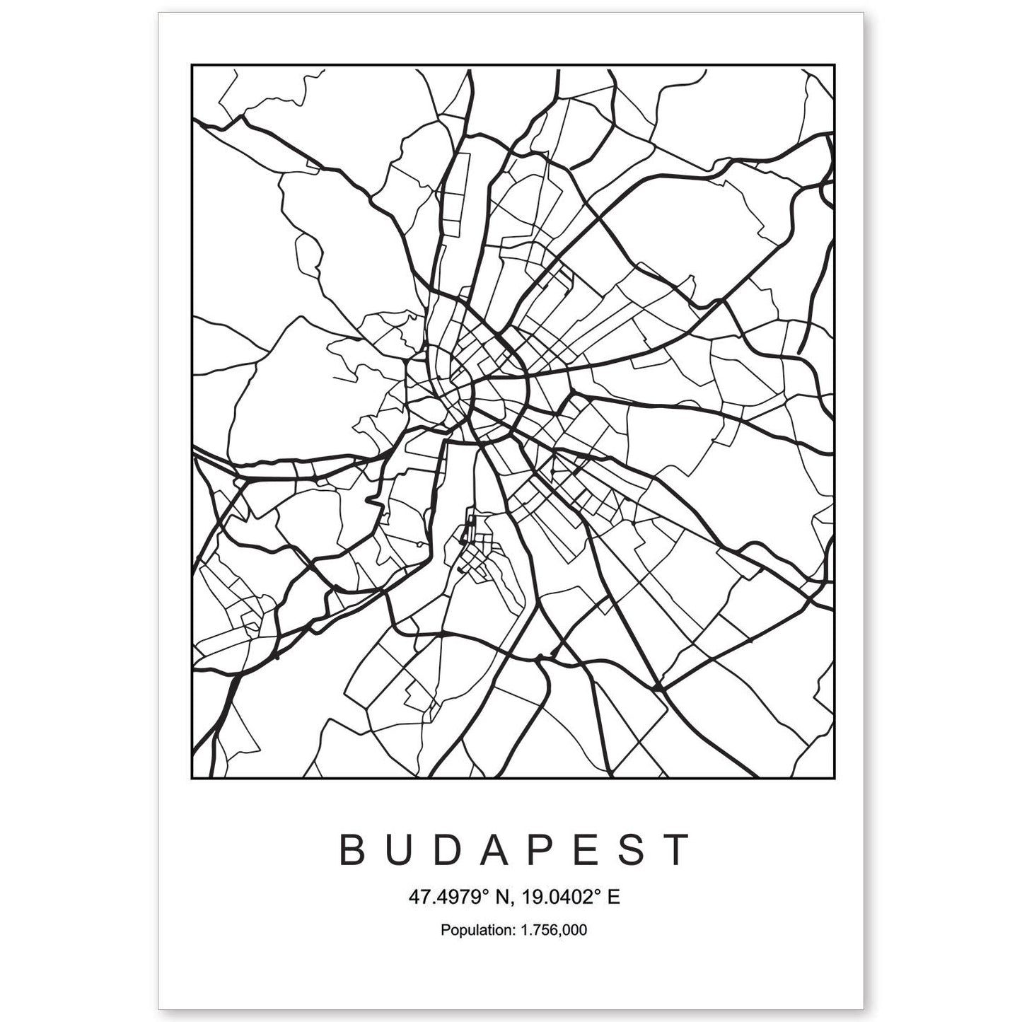 Lámina mapa de la ciudad Budapest estilo nordico en blanco y negro.-Artwork-Nacnic-A4-Sin marco-Nacnic Estudio SL