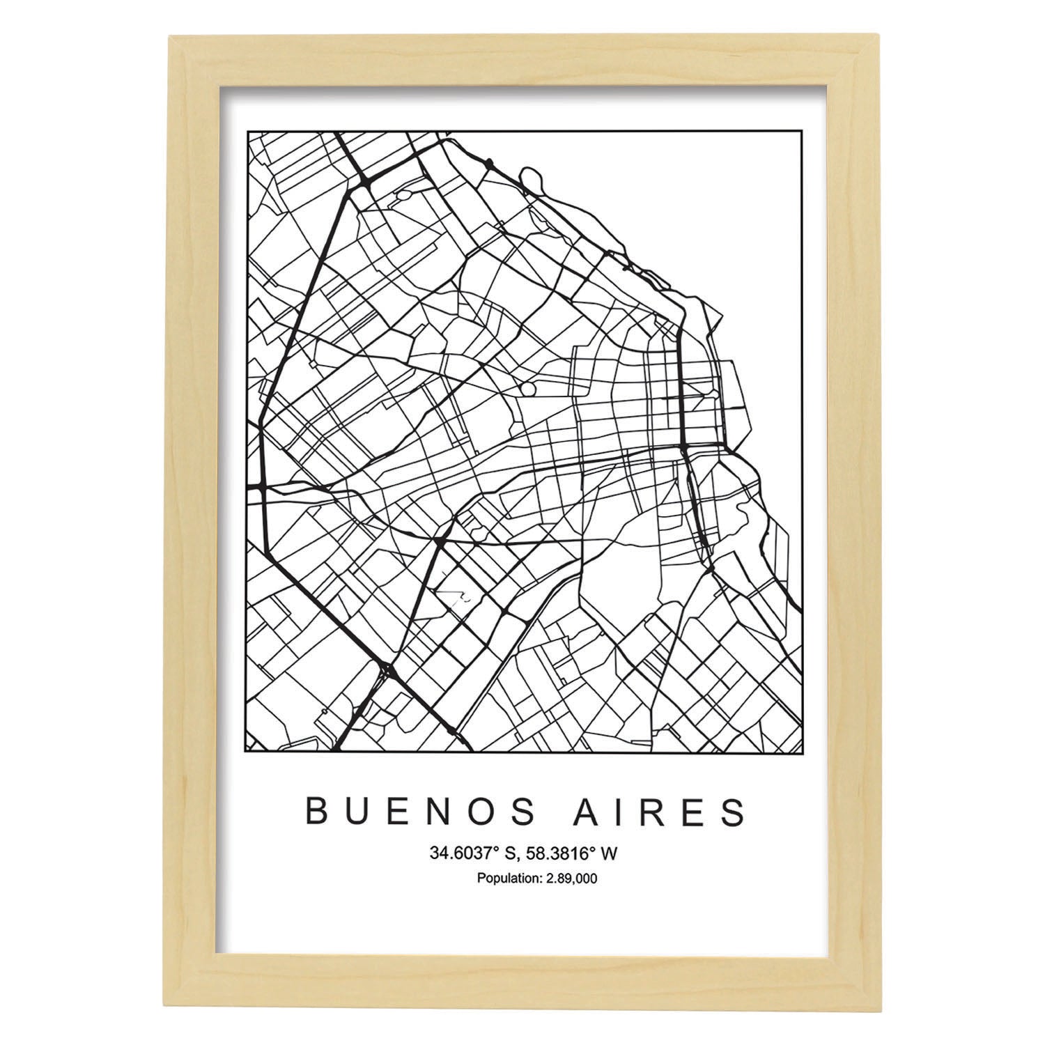Lámina mapa de la ciudad Buenos aires estilo nordico en blanco y negro.-Artwork-Nacnic-A3-Marco Madera clara-Nacnic Estudio SL