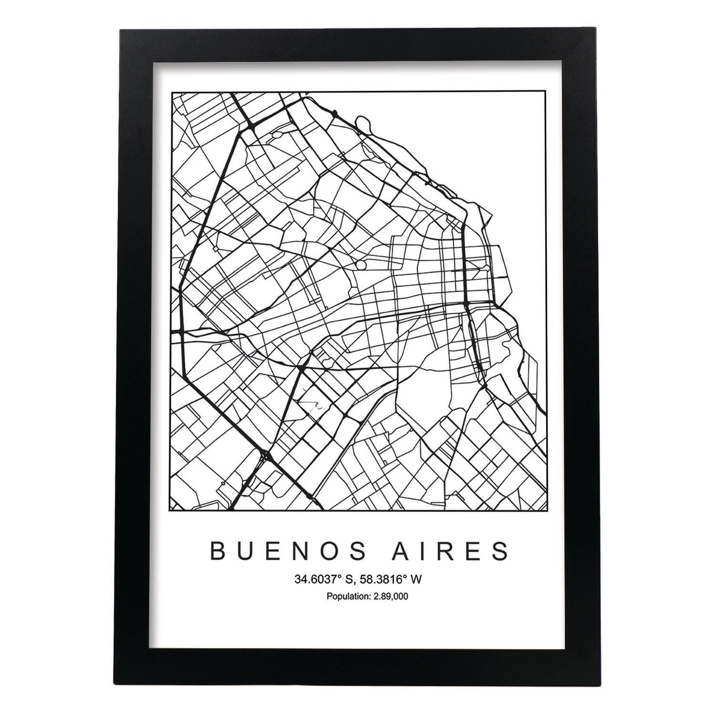 Lámina mapa de la ciudad Buenos aires estilo nordico en blanco y negro.-Artwork-Nacnic-A3-Marco Negro-Nacnic Estudio SL