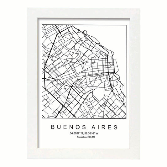 Lámina mapa de la ciudad Buenos aires estilo nordico en blanco y negro.-Artwork-Nacnic-A4-Marco Blanco-Nacnic Estudio SL